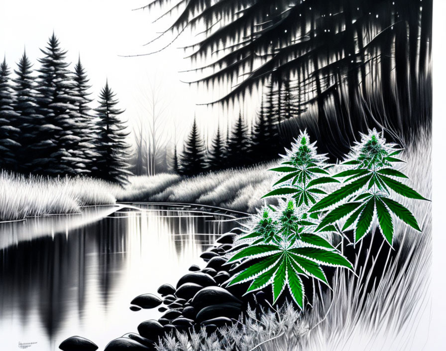 Monochromatic landscape with evergreen trees, river, and cannabis leaves