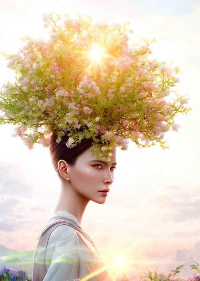 Tranquil woman with blooming tree hair under sun in cloudy sky