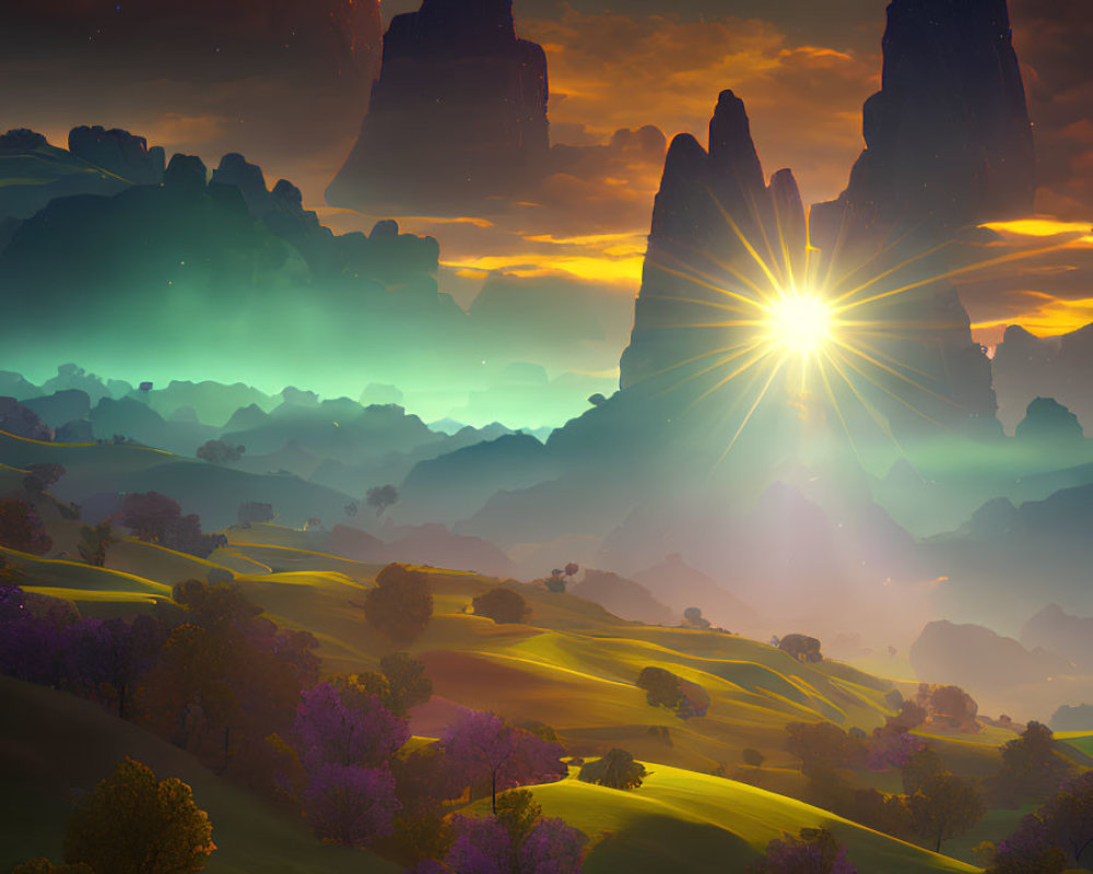 Majestic rock formations and vibrant flora in a fantasy landscape