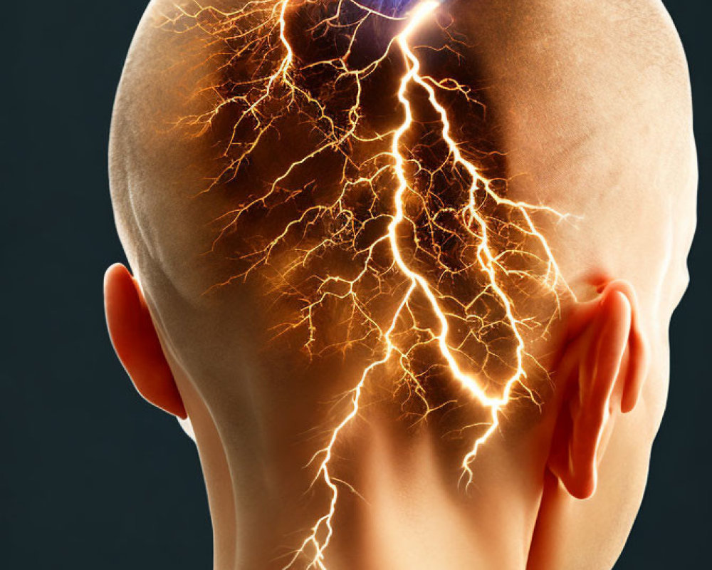 Conceptual image of human head with open top, glowing light and energy streaks.