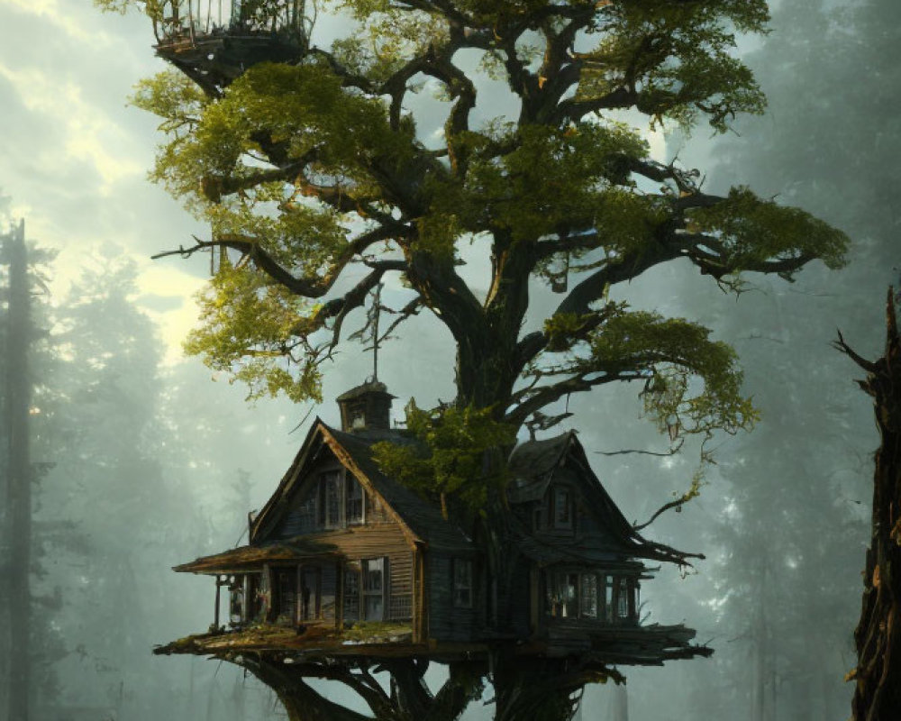 Enchanted forest treehouse in misty setting