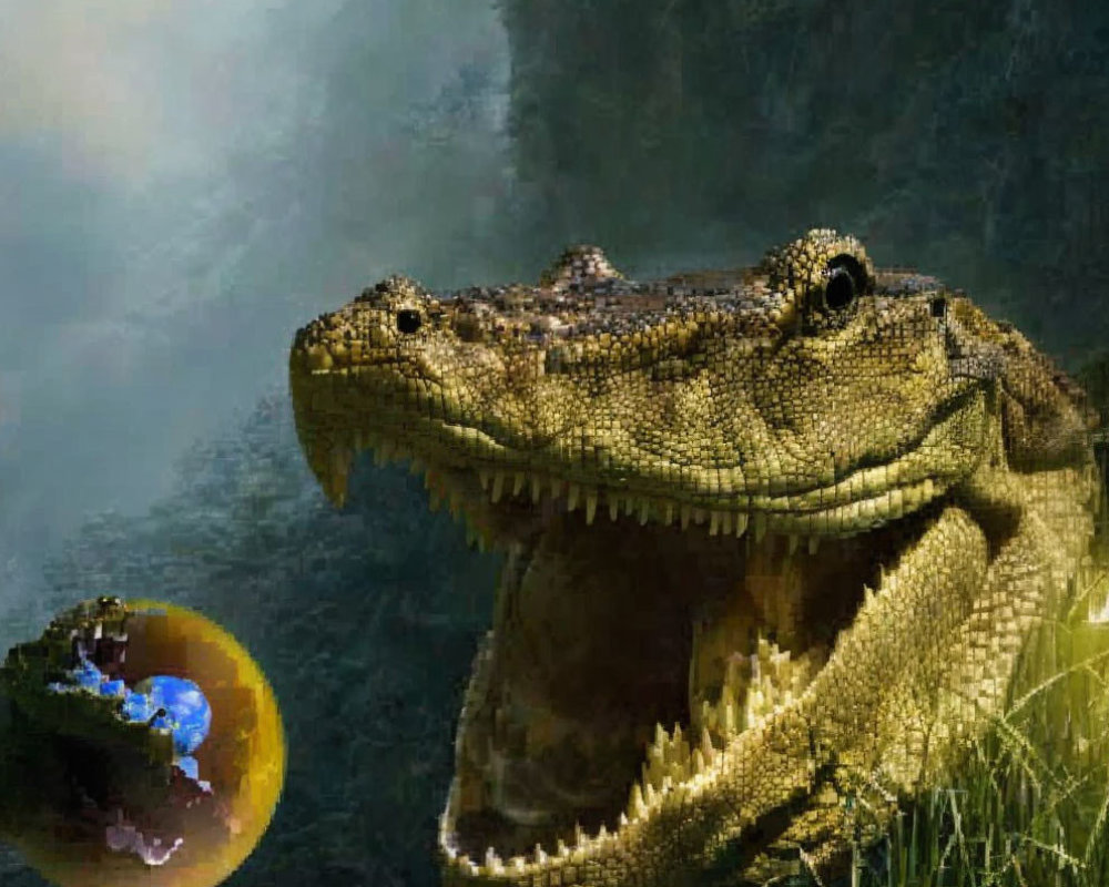 Large crocodile with open mouth and person in blue shirt riding bubble below jaw.