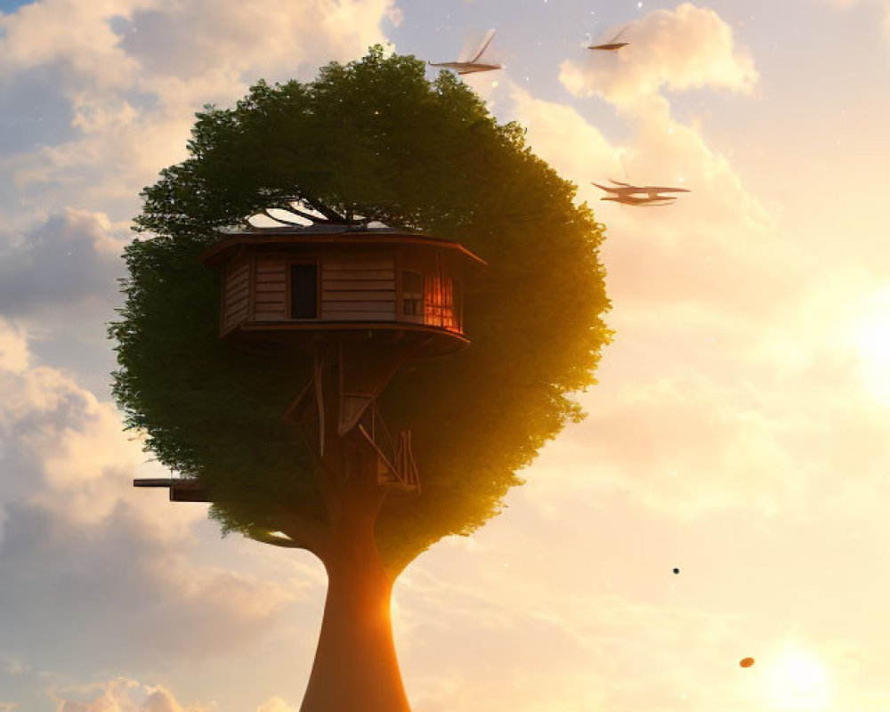 Tranquil sunset landscape with treehouse, birds, and large tree