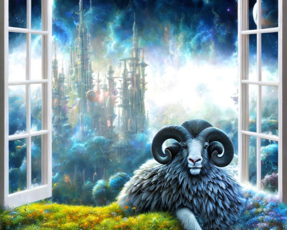 Mystical ram with large horns in cosmic city scene