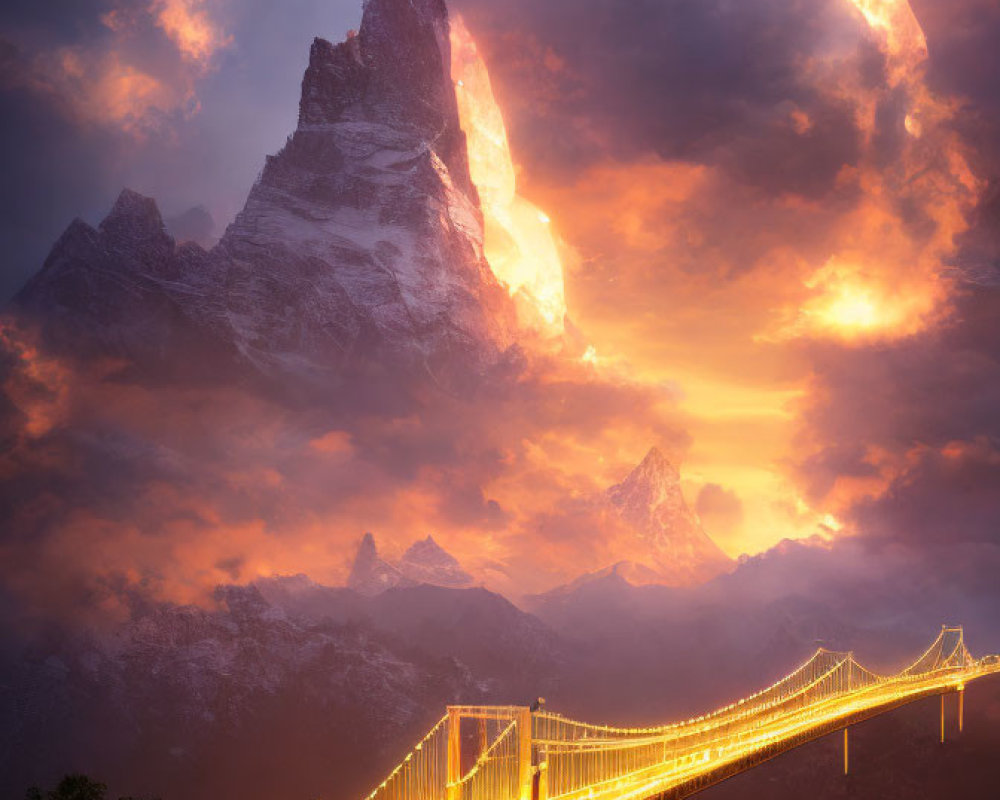 Suspension bridge at dusk with mountain peaks and glowing planet in background