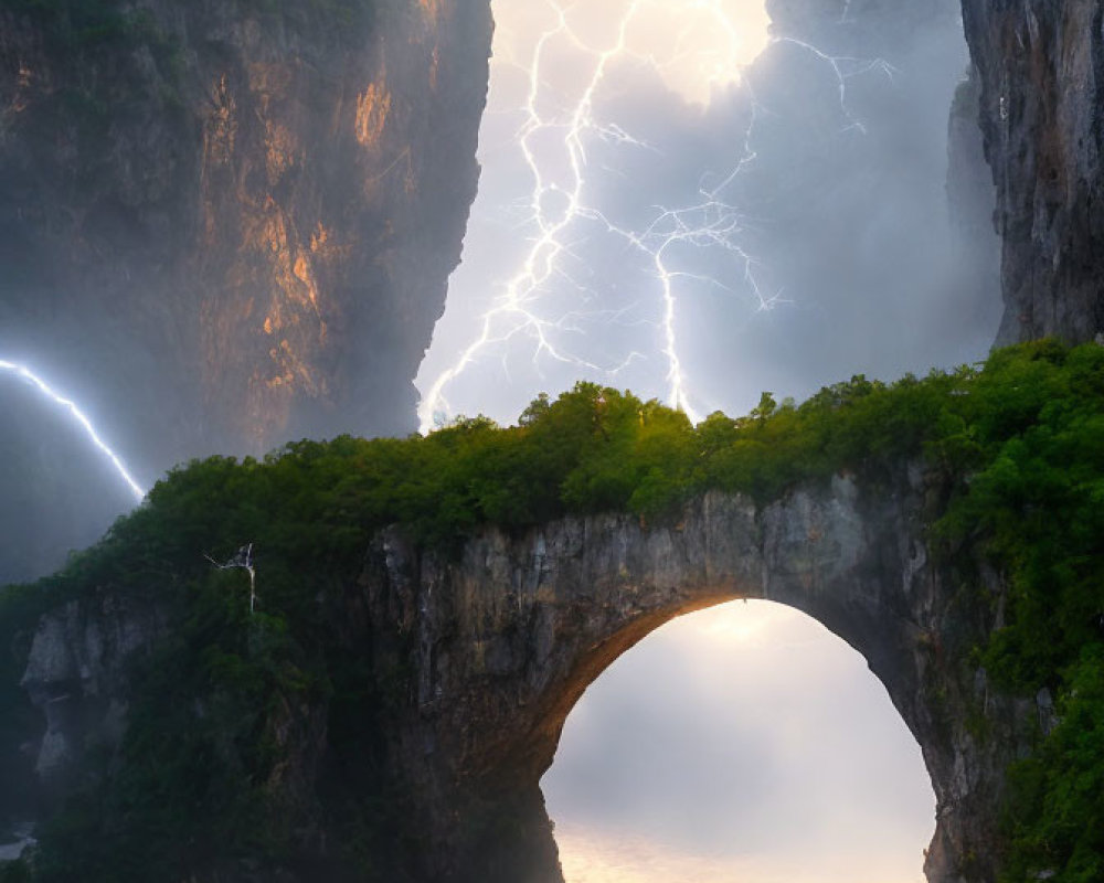 Natural stone arch over river in misty landscape at dusk or dawn