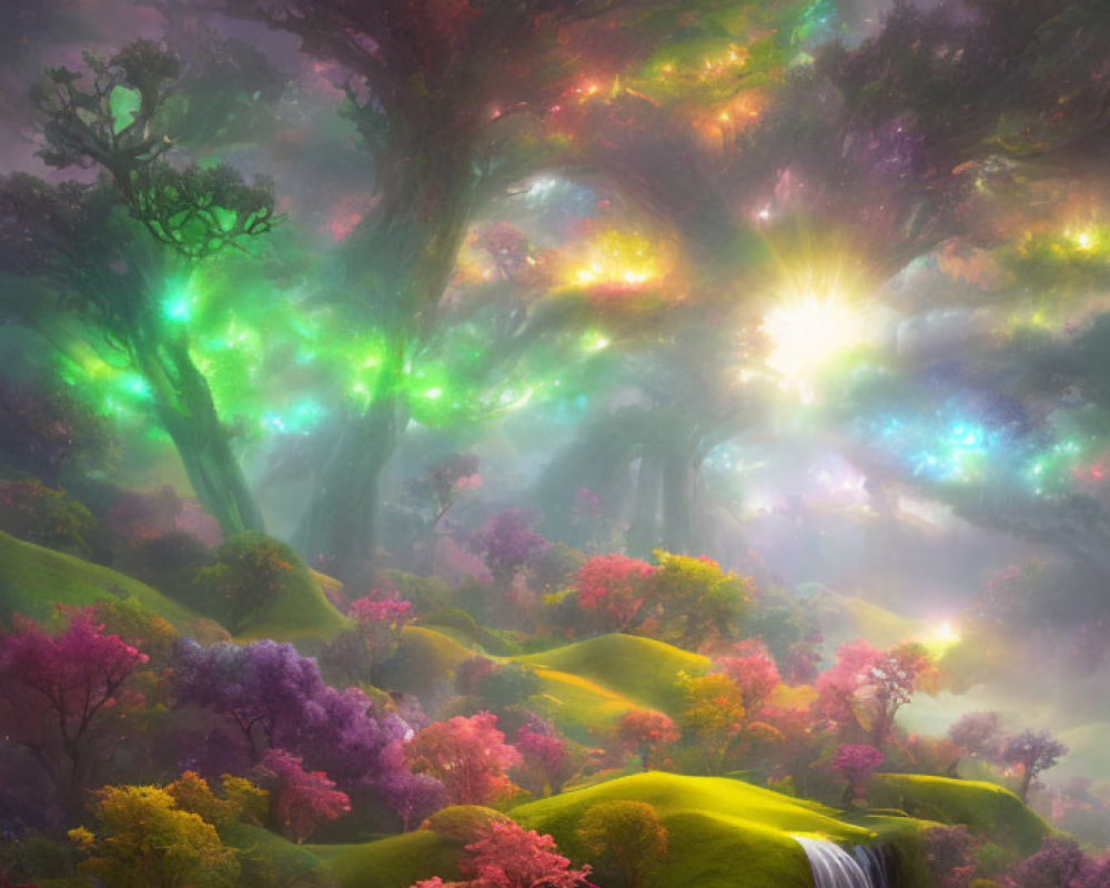 Colorful mystical forest with sunburst, waterfall, and lush green hillside