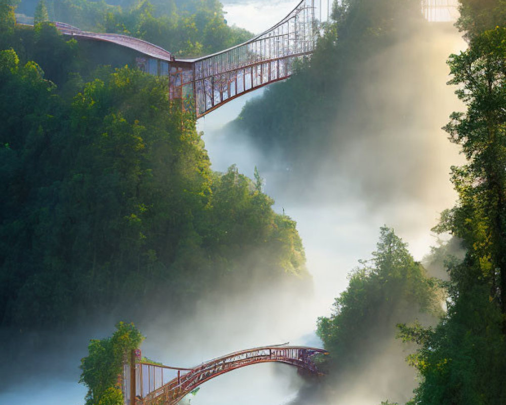 Sunlit suspension bridge over misty river with lush greenery and hills