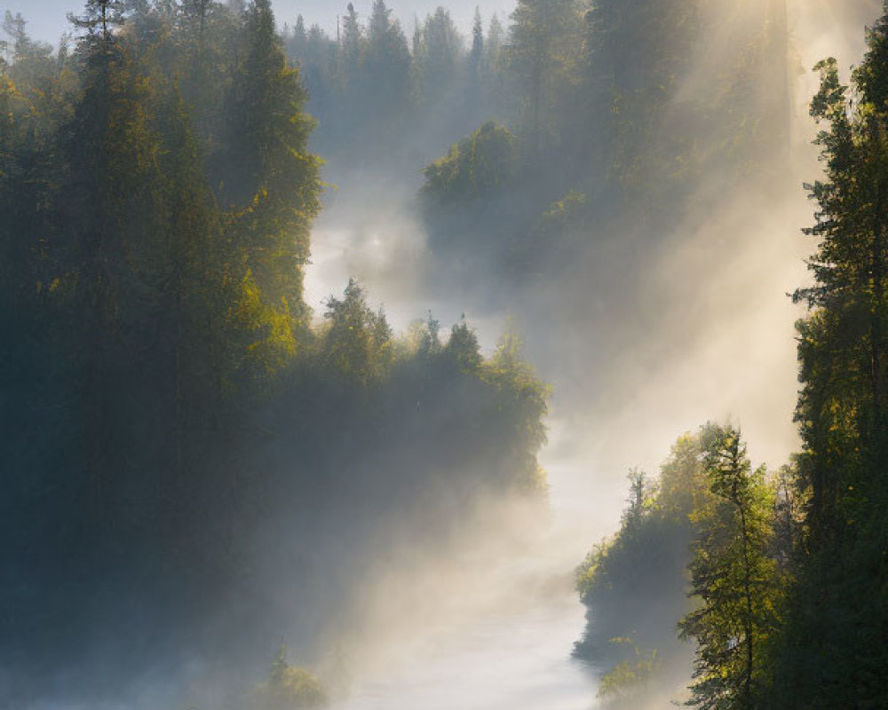 Misty forested river at sunrise with sunbeams through trees