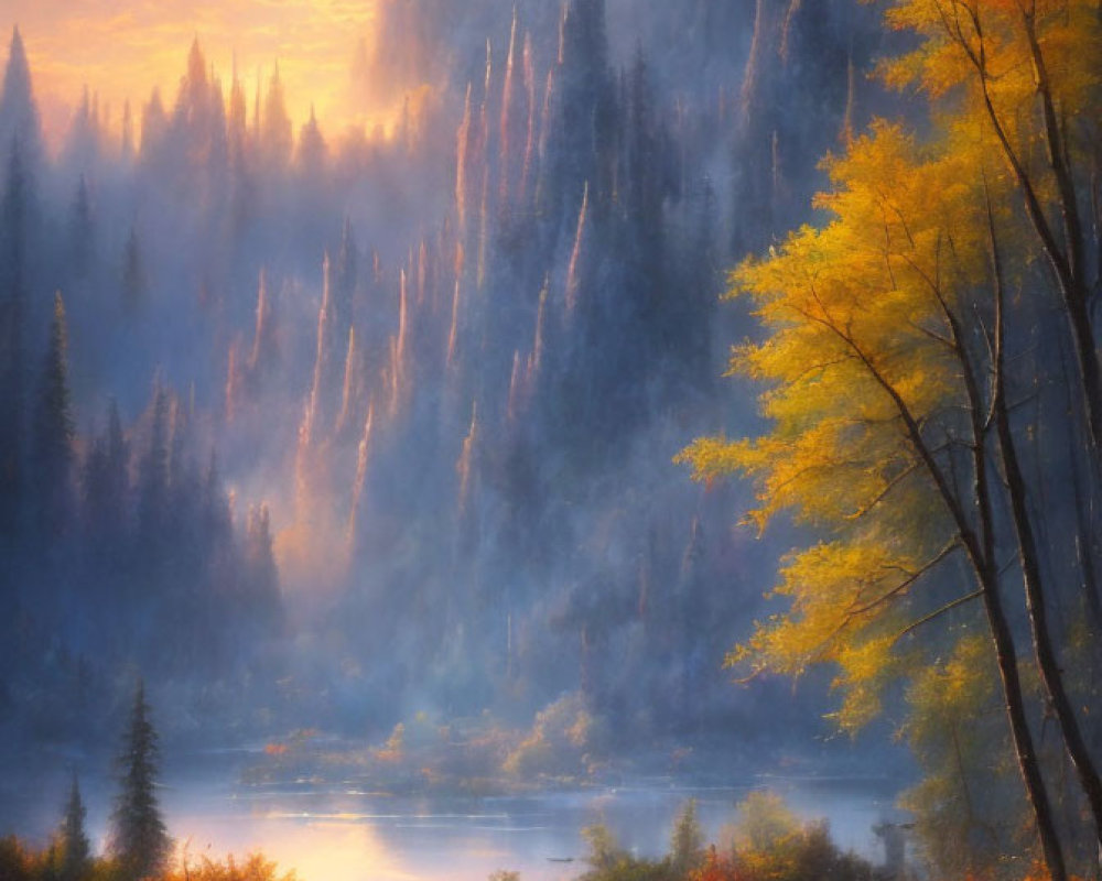 Tranquil sunrise autumn landscape with golden leaves and misty river