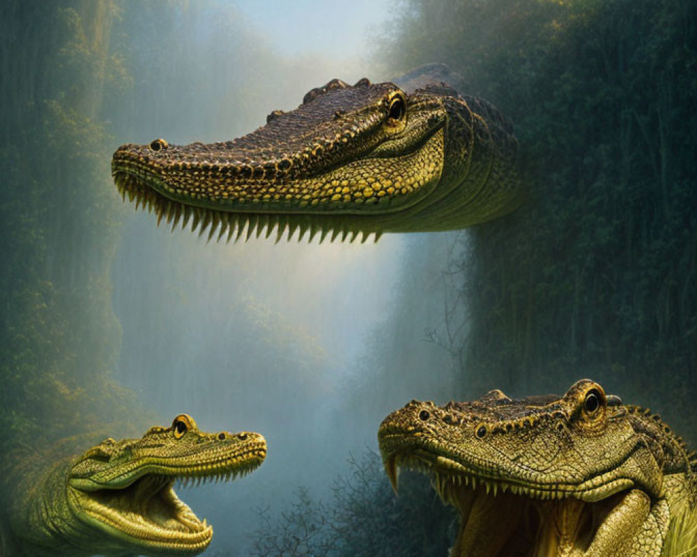 Three alligators in misty swamp: one floating mid-air, others among vegetation