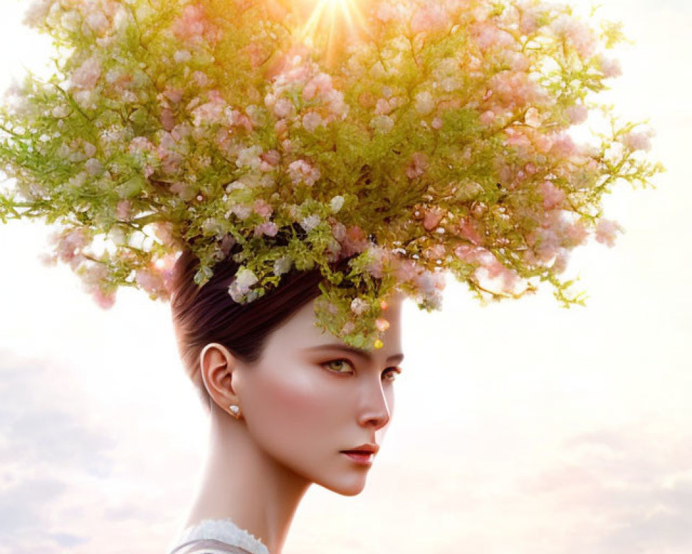 Tranquil woman with blooming tree hair under sun in cloudy sky