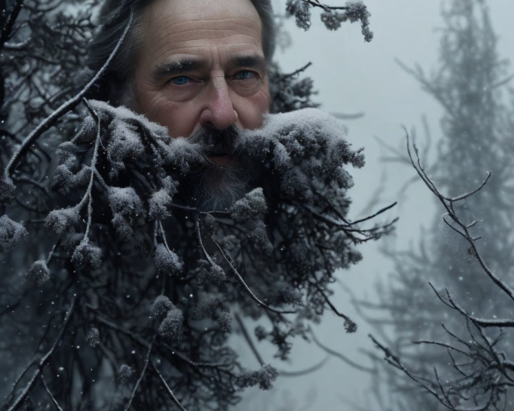 Man with Graying Beard Peering Through Frost-Covered Branches