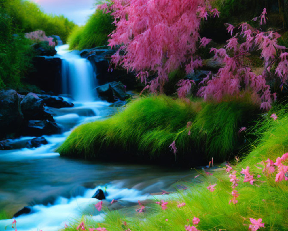 Scenic waterfall with lush greenery and pink blossoms