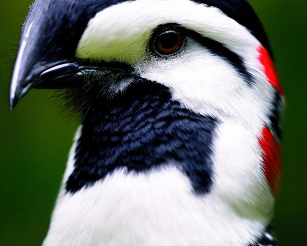 Downy Woodpecker with black and white plumage and red markings in close-up.