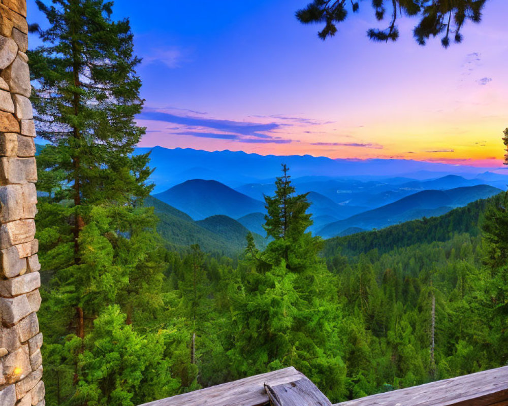 Wooden Balcony Overlooking Misty Mountains at Sunset