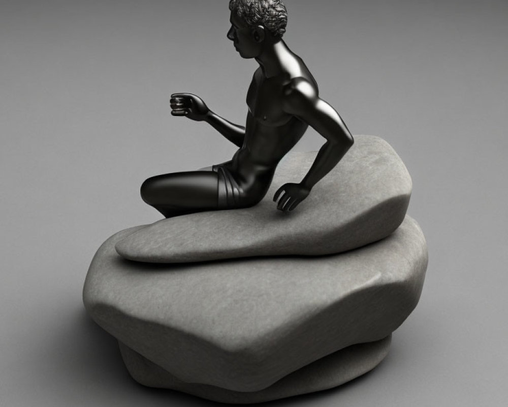 Digital art: Black, glossy muscular man seated on grey stone-like structure