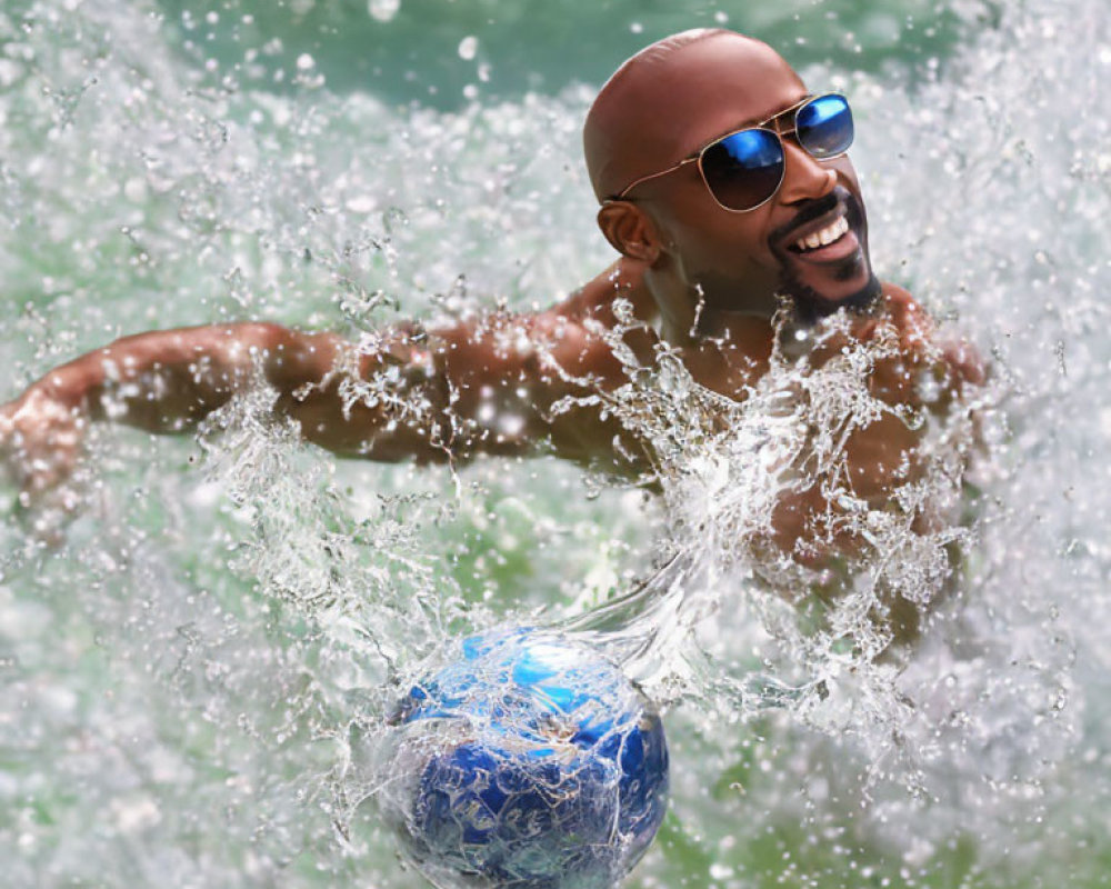 Man playing with blue ball in pool, splashing water with sunglasses