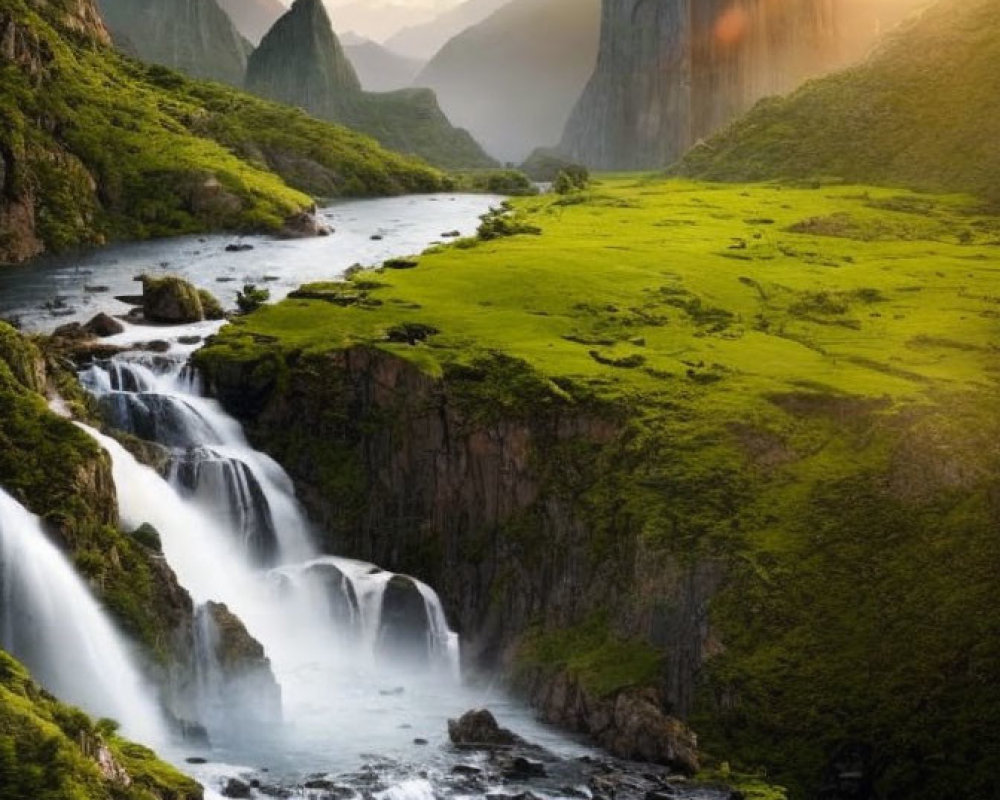 Majestic waterfall in lush green landscape with sunbeams