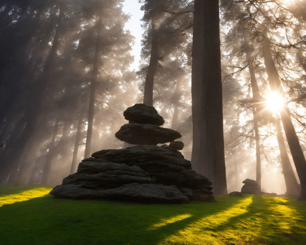 Sunlit misty forest scene with stone cairn and tall trees casting shadows