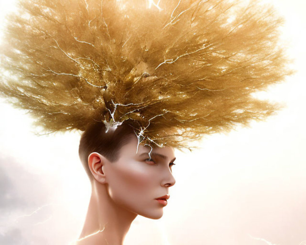 Surreal hair design with lightning against sky backdrop