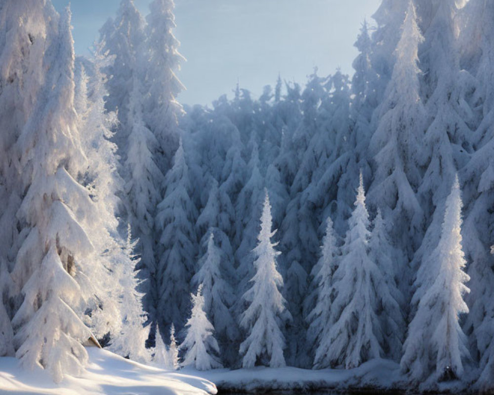 Tranquil snowy pine trees by blue lake in sunlight