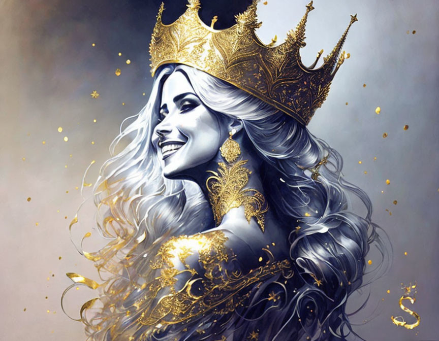 Smiling woman with crown and flowing hair in gold accents