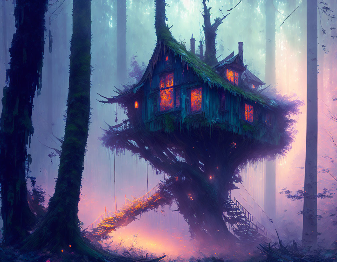 Glowing treehouse in mystical purple forest