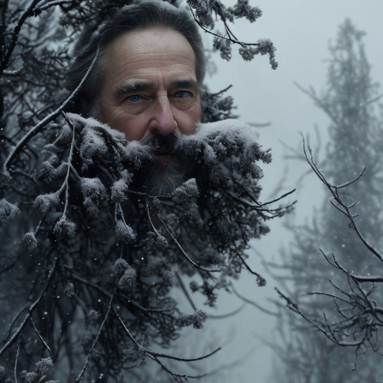 Man with Graying Beard Peering Through Frost-Covered Branches