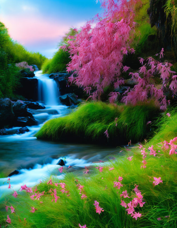 Scenic waterfall with lush greenery and pink blossoms