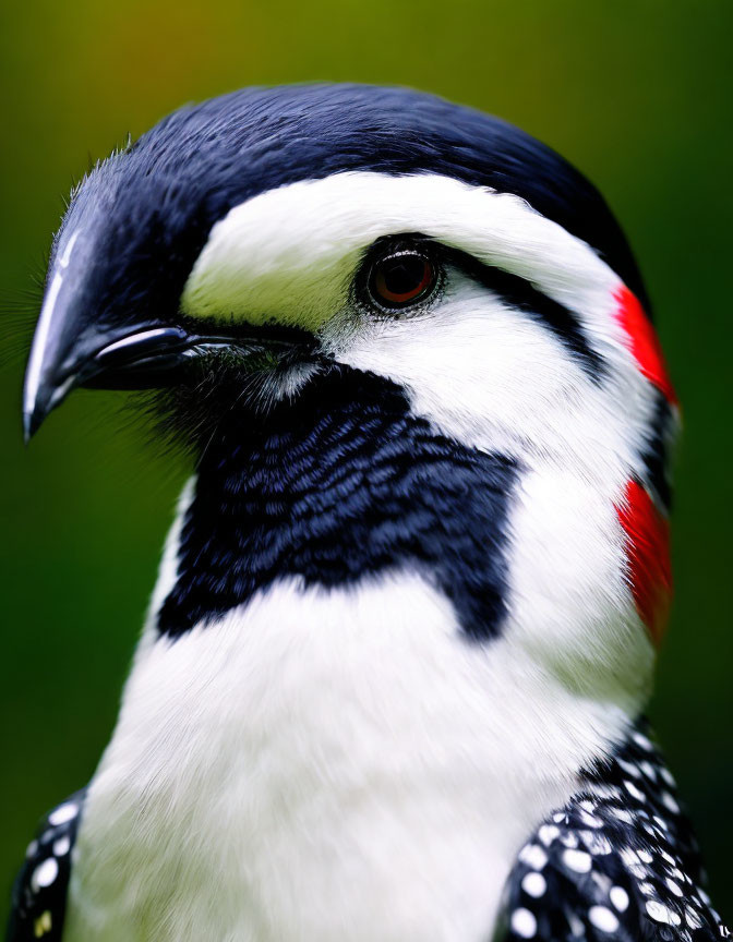 Downy Woodpecker with black and white plumage and red markings in close-up.