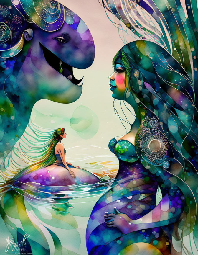 Colorful artwork featuring woman and creature with whimsical hair in water