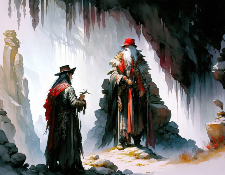 Fantasy characters in red and black attire meet in snowy cave
