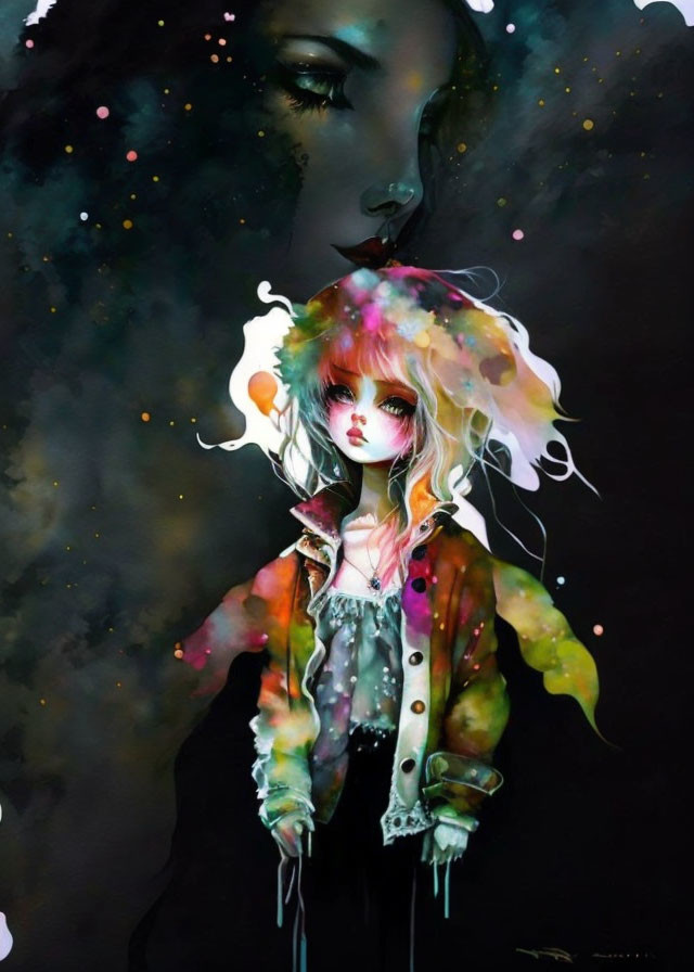 Colorful Stylized Female Figure with Prominent Eyes and Ethereal Hair on Star-speckled