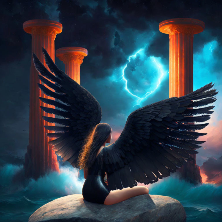 Winged figure on rock gazes at ancient pillars under dramatic sky