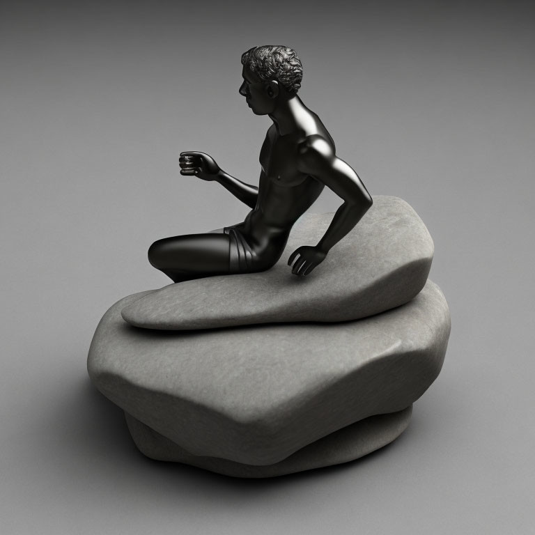 Digital art: Black, glossy muscular man seated on grey stone-like structure