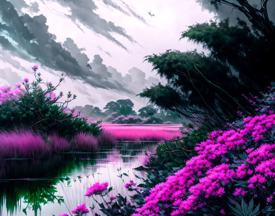 Tranquil landscape with pink and purple hues, lush flora, and cloudy sky