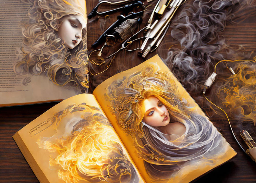 Illustrated Open Book with Woman, Quill, Pens, and Smoke on Wooden Surface