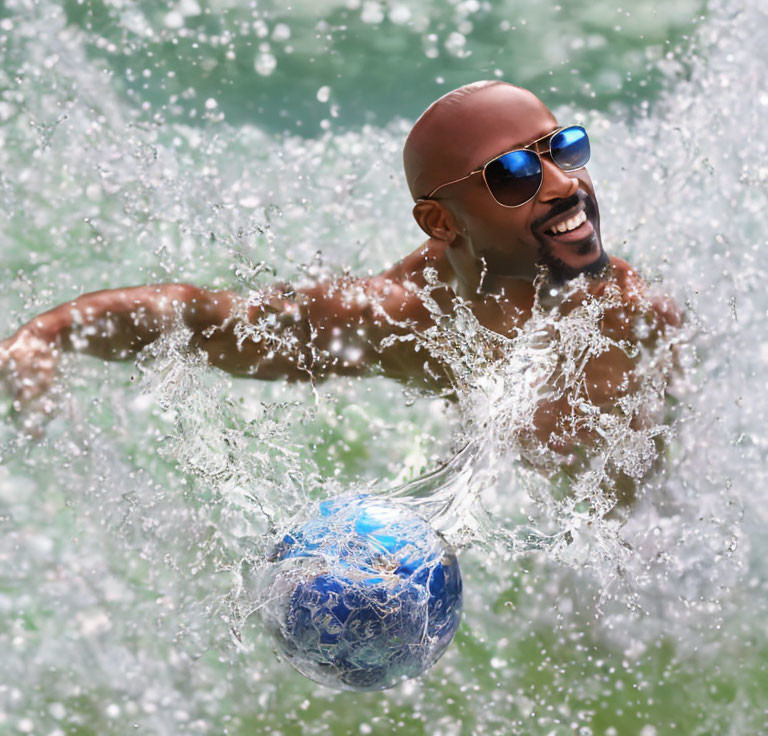 Man playing with blue ball in pool, splashing water with sunglasses