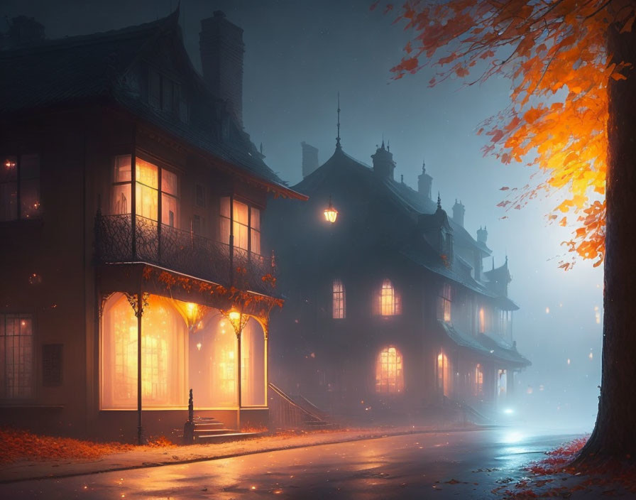 Old-fashioned house with warm glow and autumn leaves at dusk