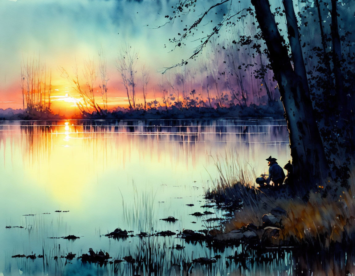 Tranquil watercolor landscape of a sunset lake scene