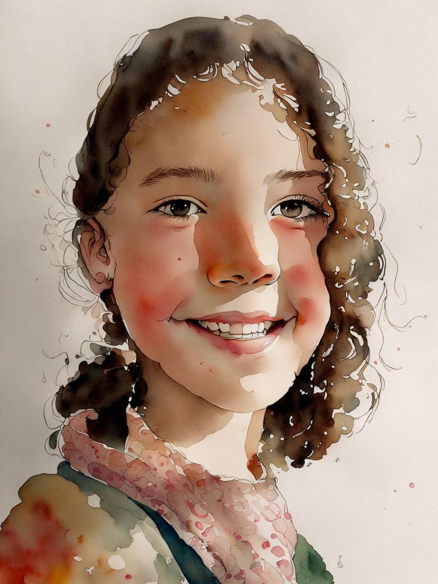 Smiling young girl with curly hair in watercolor illustration