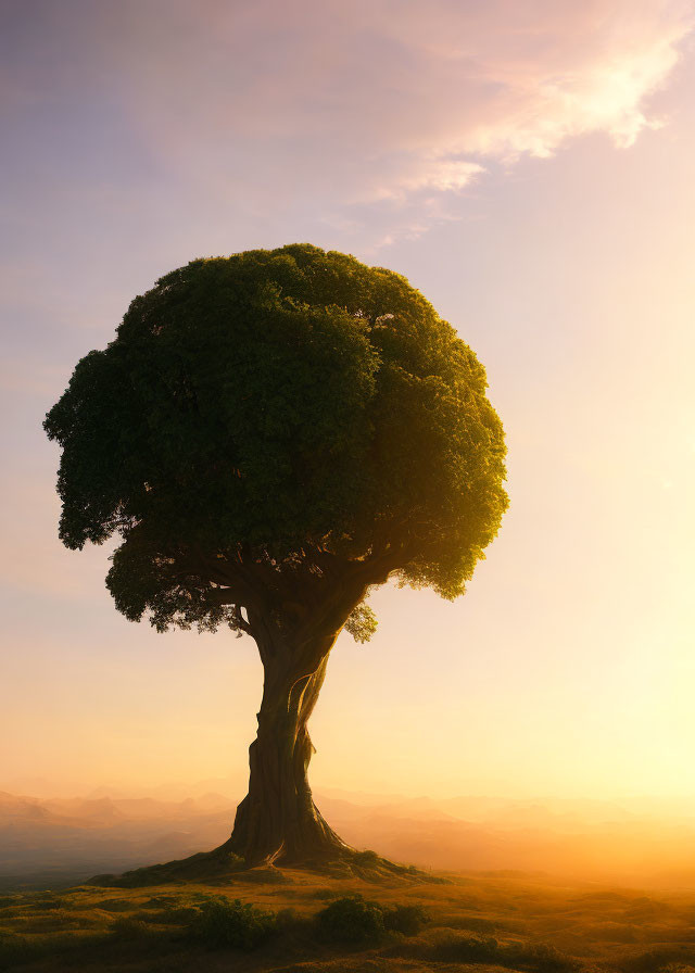 Solitary tree on hill at sunset with golden glow and mountain backdrop