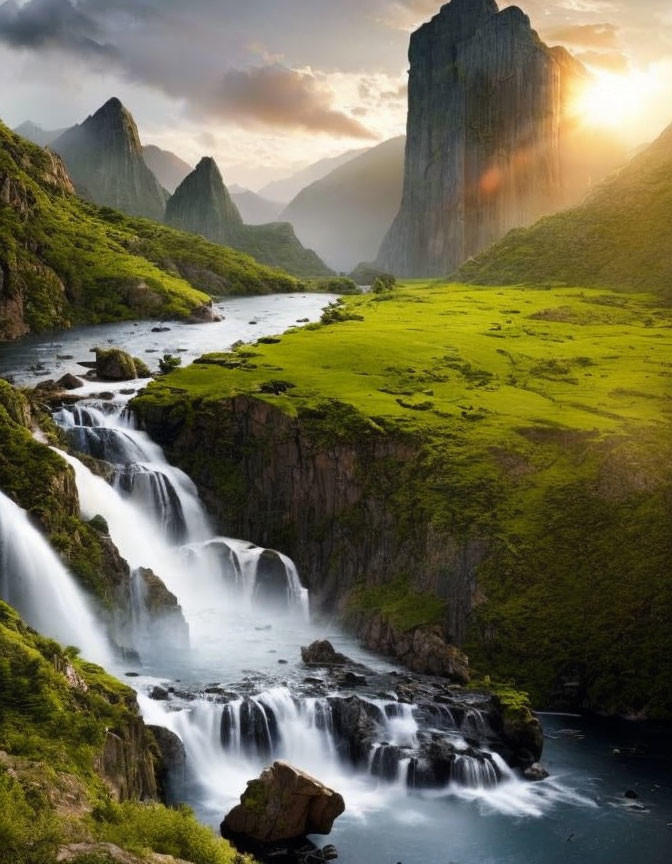 Majestic waterfall in lush green landscape with sunbeams