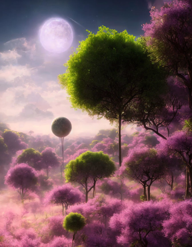 Glowing moon illuminates mystical forest scene