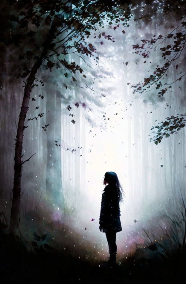 Silhouette of a girl in mystical forest with light beams and ethereal particles.