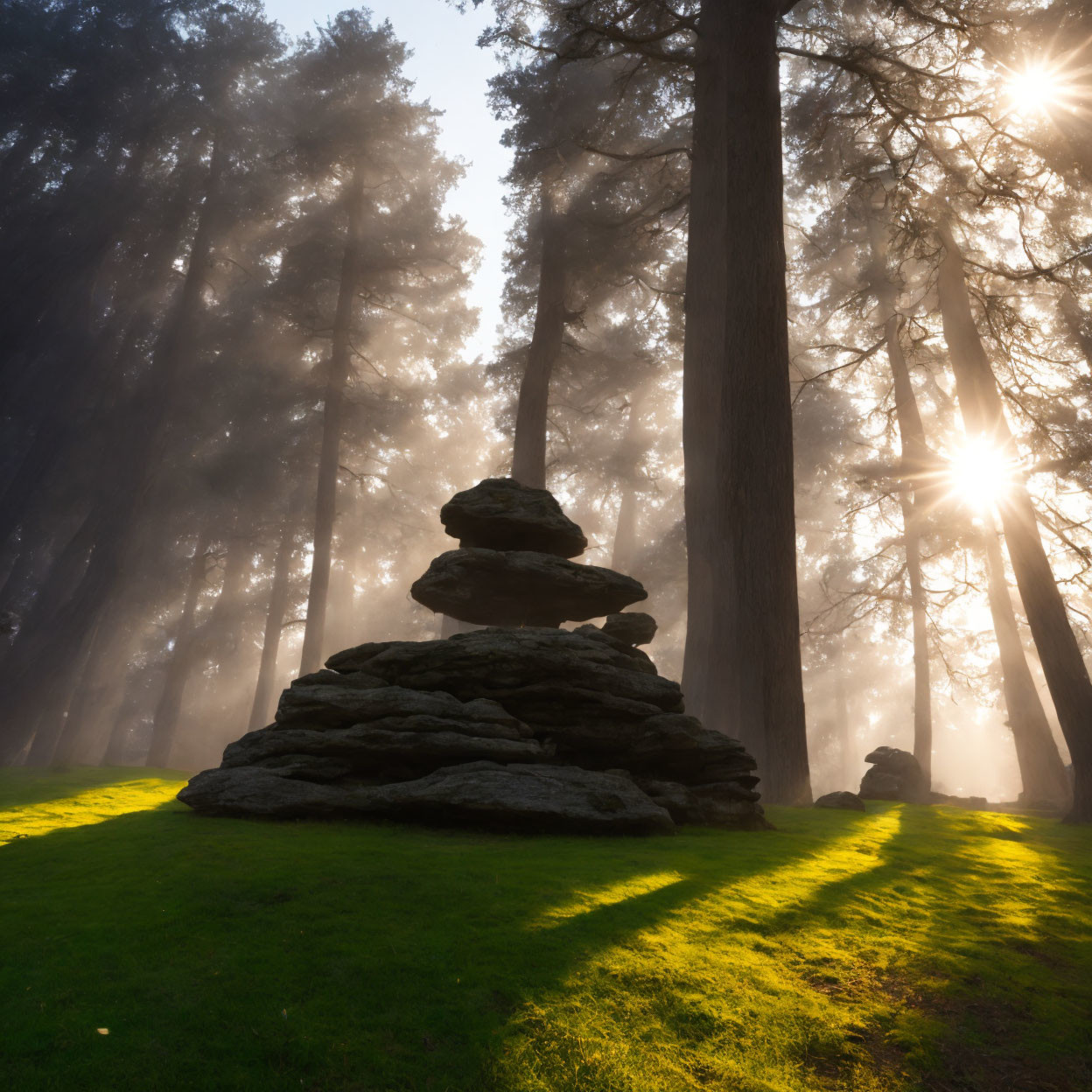 Sunlit misty forest scene with stone cairn and tall trees casting shadows