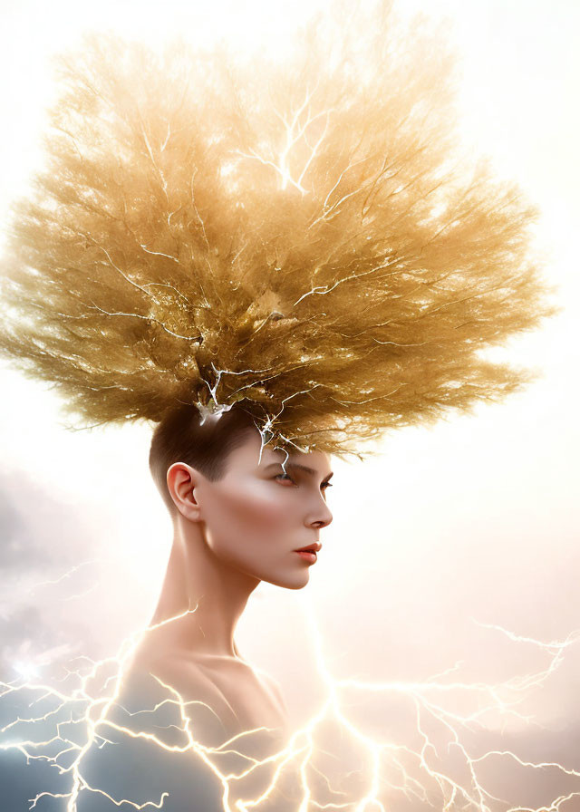 Surreal hair design with lightning against sky backdrop