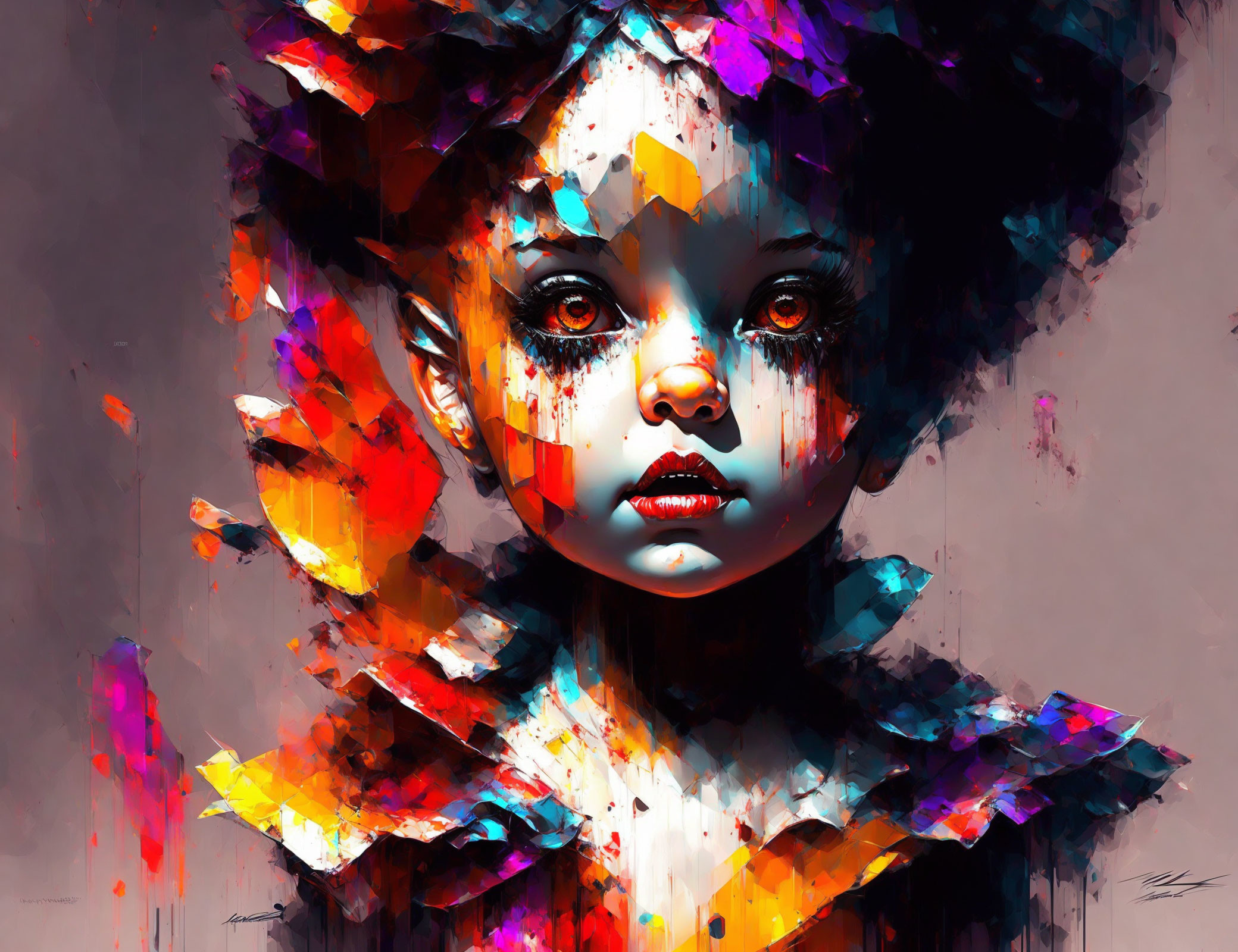 Abstract digital painting: Vibrant girl with large eyes and colorful geometric shapes.