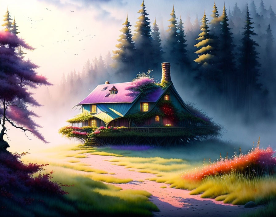 Enchanted cottage with blue roof and pink flowers in mystical forest